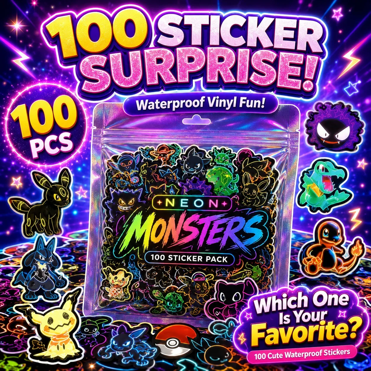 100pcs Neon  Pokémon  Stickers - đánh giá và giá Wall Sticker